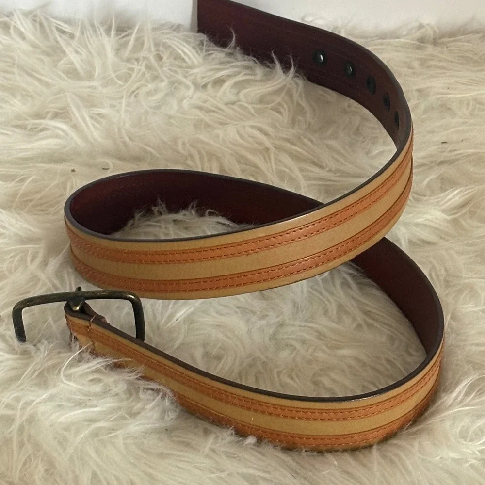 Linea‎ Pelle 230800 Tan Brown Striped Leather Belt Size 34 Antique Brass Buckle